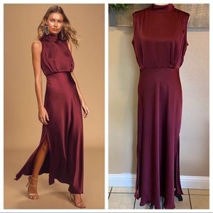 Lulus Classic Elegance Wine Satin Sleeveless Mock Neck Maxi Dress Size M